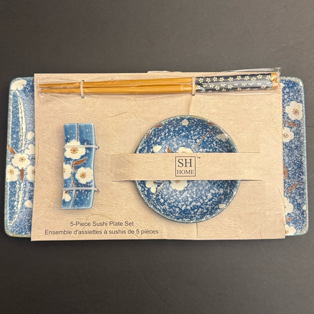 SH Home 5-Piece Blue Floral Sushi Plate Set